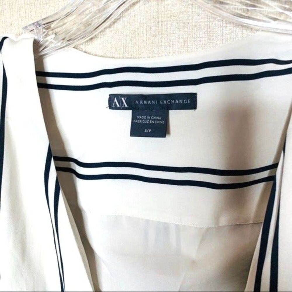 Armani AX Wrap Dress Small Cream Navy Striped Short Sleeve Adjustable Waist - Picture 4 of 4